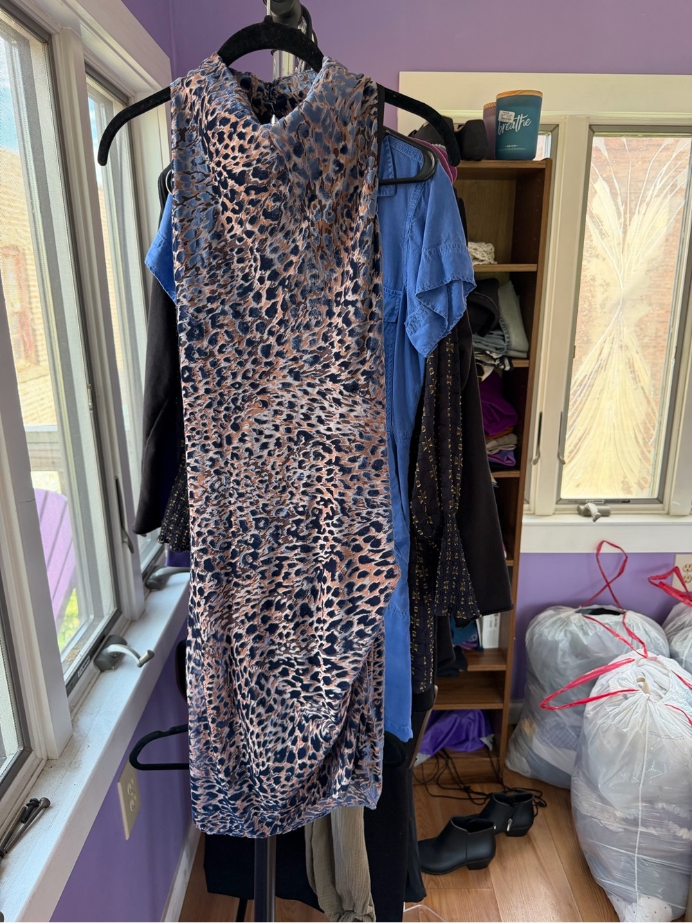 Lavender Brown Navy Velvet Leopard-Accent Dress